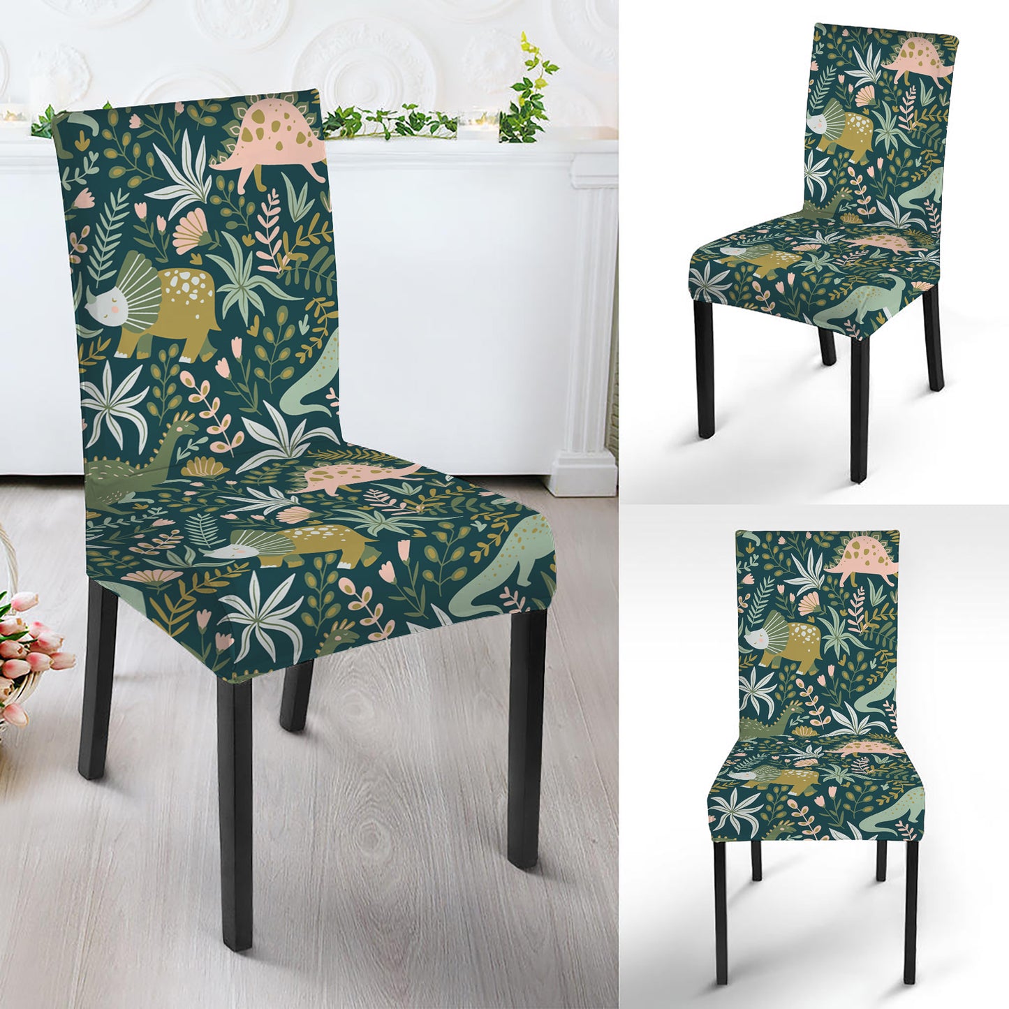Cute Dino Tropical Leaves Pattern Print Dining Chair Slipcover