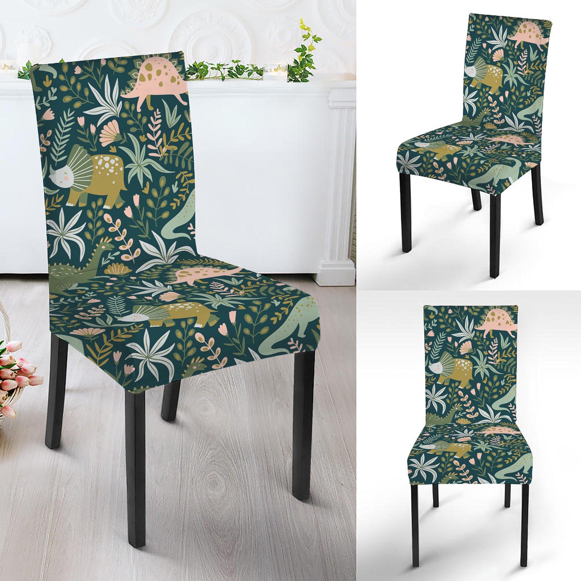 Cute Dino Tropical Leaves Pattern Print Dining Chair Slipcover