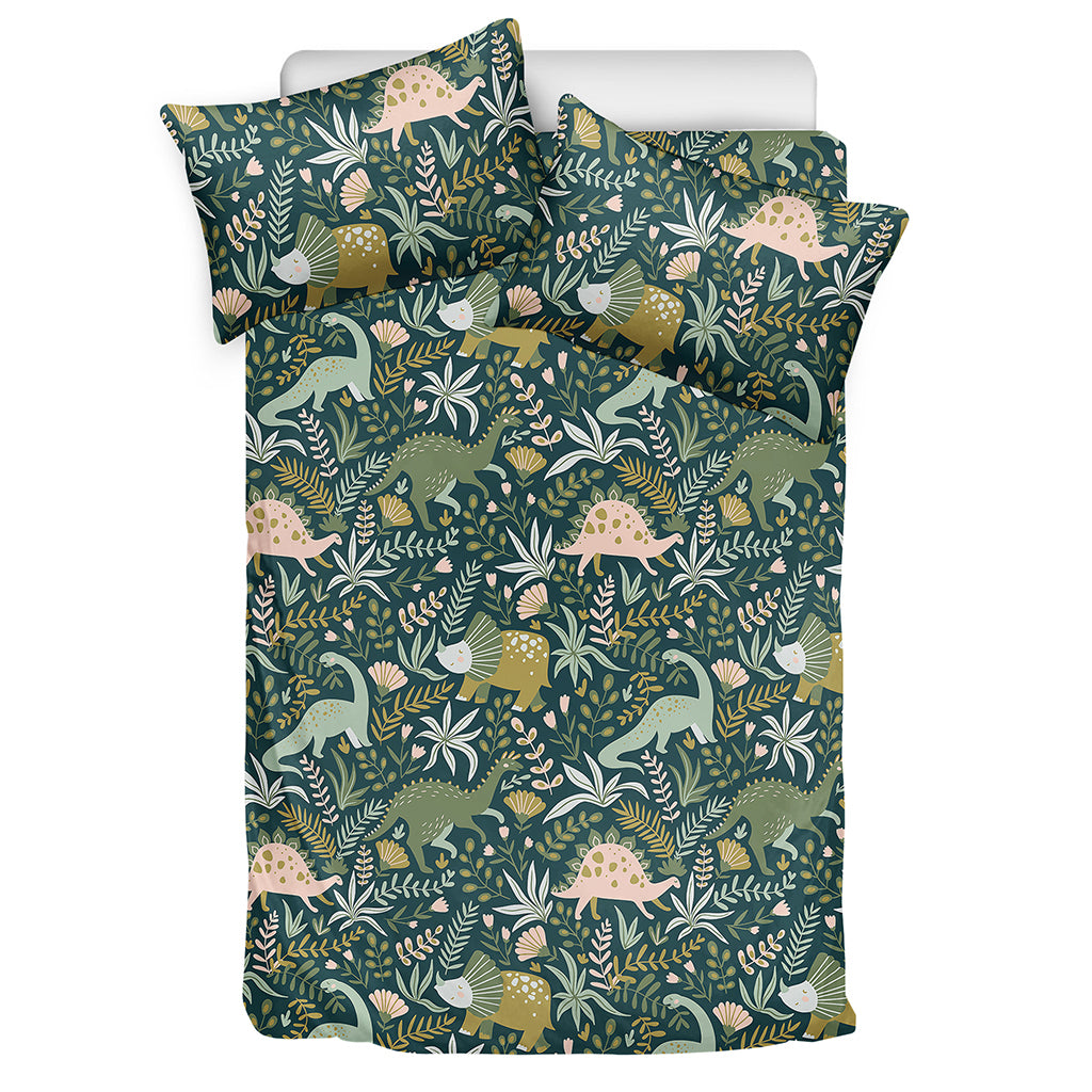 Cute Dino Tropical Leaves Pattern Print Duvet Cover Bedding Set
