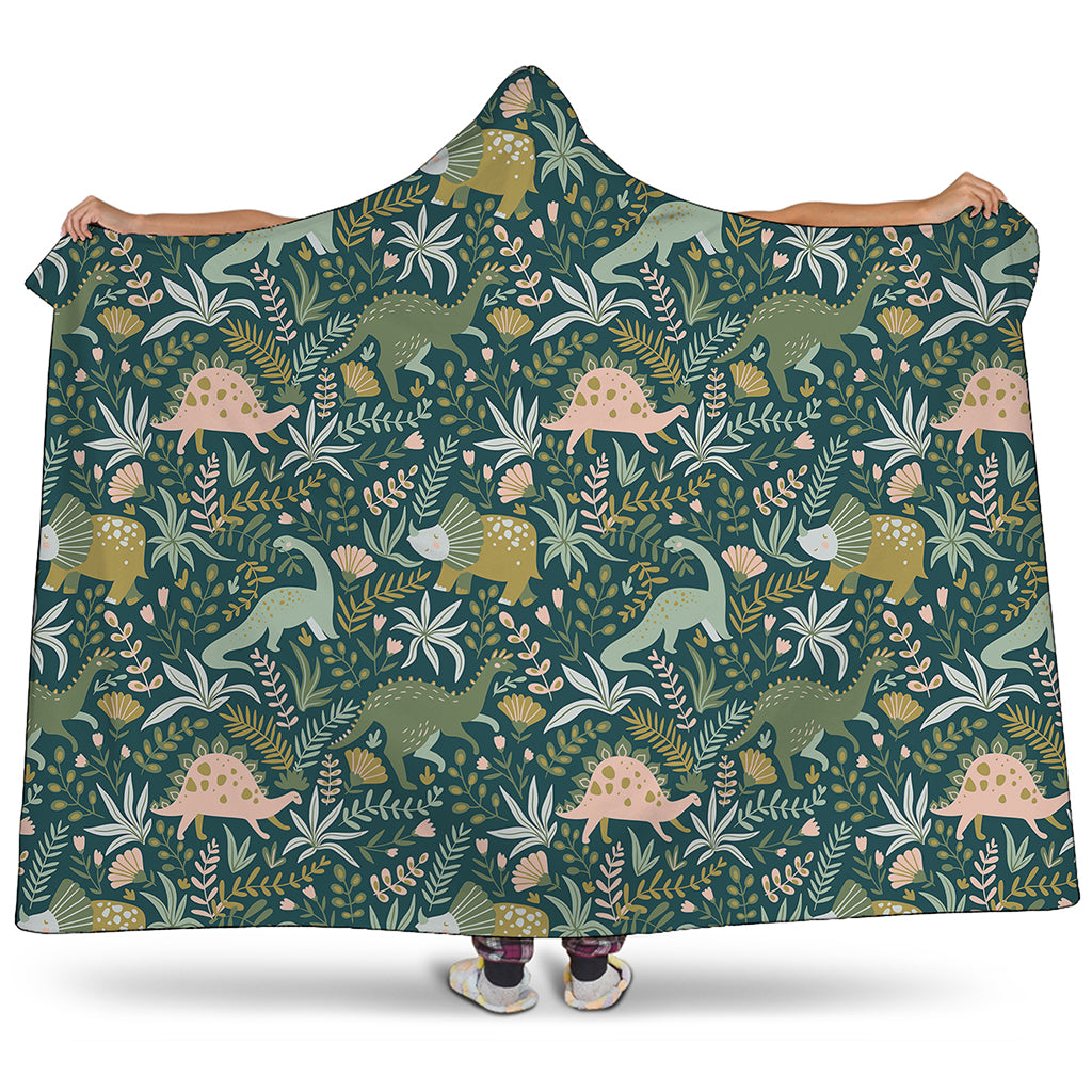 Cute Dino Tropical Leaves Pattern Print Hooded Blanket