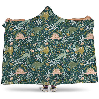 Cute Dino Tropical Leaves Pattern Print Hooded Blanket