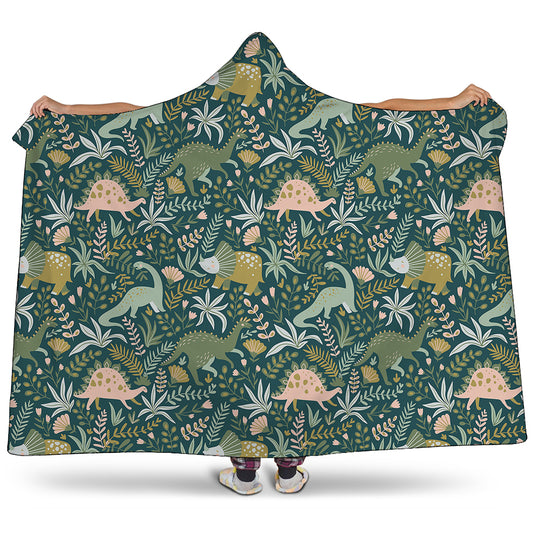 Cute Dino Tropical Leaves Pattern Print Hooded Blanket