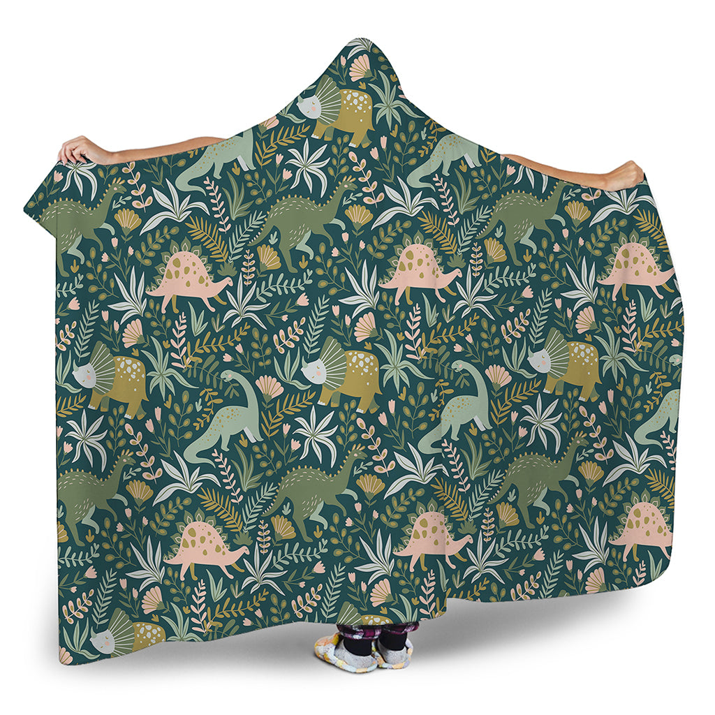 Cute Dino Tropical Leaves Pattern Print Hooded Blanket
