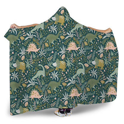 Cute Dino Tropical Leaves Pattern Print Hooded Blanket