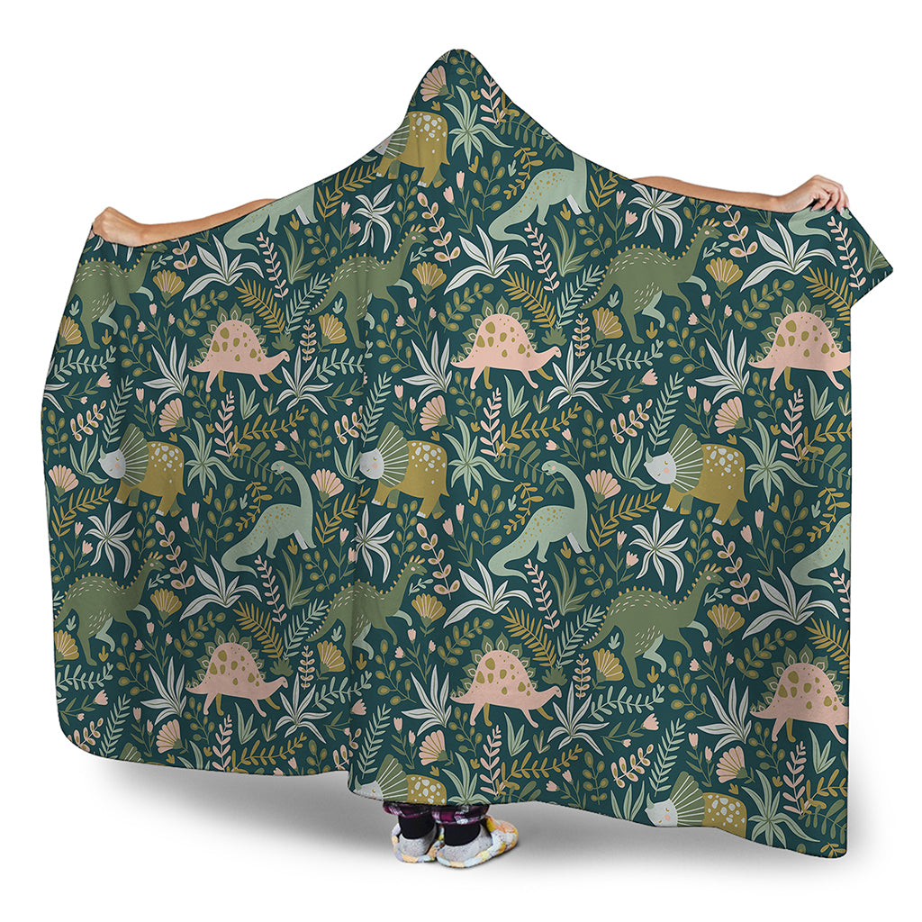 Cute Dino Tropical Leaves Pattern Print Hooded Blanket