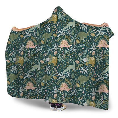 Cute Dino Tropical Leaves Pattern Print Hooded Blanket