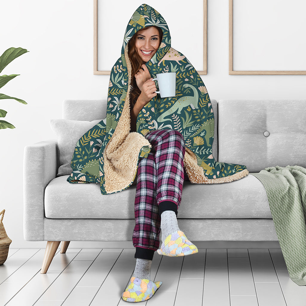 Cute Dino Tropical Leaves Pattern Print Hooded Blanket