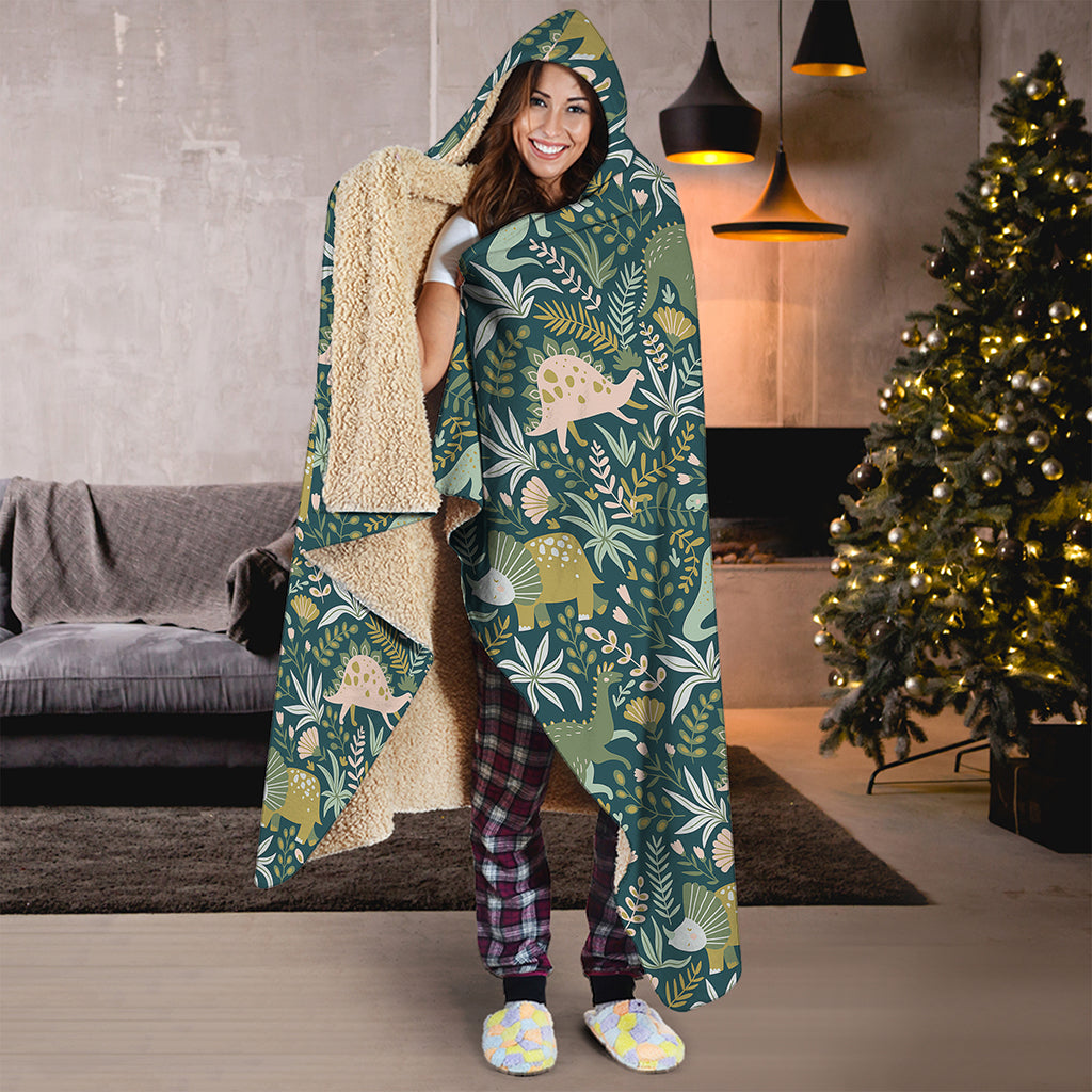 Cute Dino Tropical Leaves Pattern Print Hooded Blanket