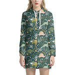 Cute Dino Tropical Leaves Pattern Print Hoodie Dress