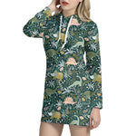 Cute Dino Tropical Leaves Pattern Print Hoodie Dress