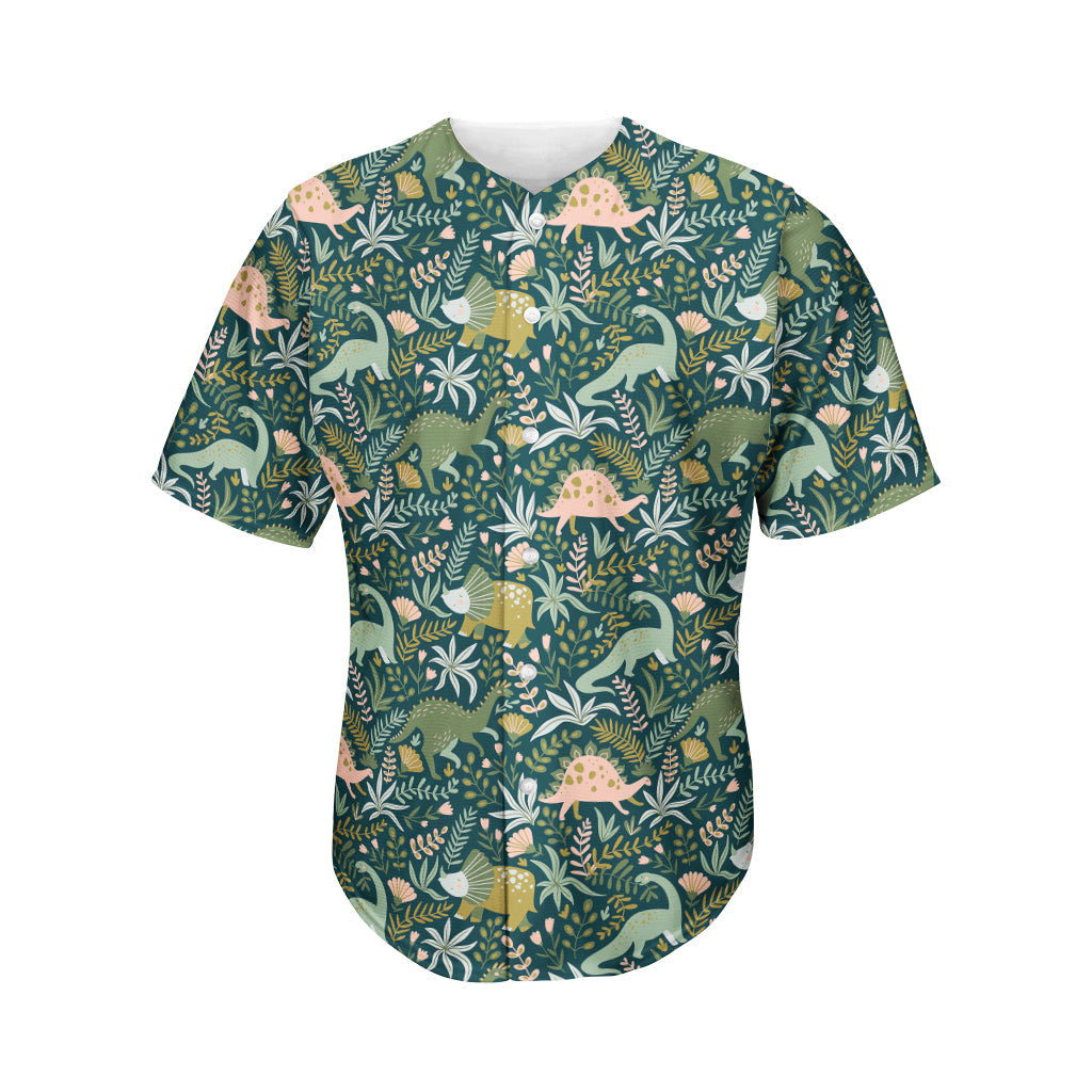 Cute Dino Tropical Leaves Pattern Print Men's Baseball Jersey