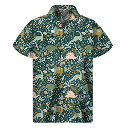 Cute Dino Tropical Leaves Pattern Print Men's Short Sleeve Shirt