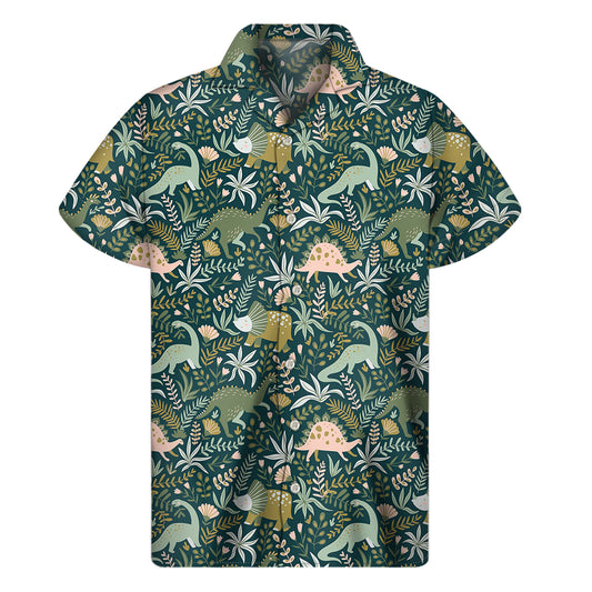 Cute Dino Tropical Leaves Pattern Print Men's Short Sleeve Shirt