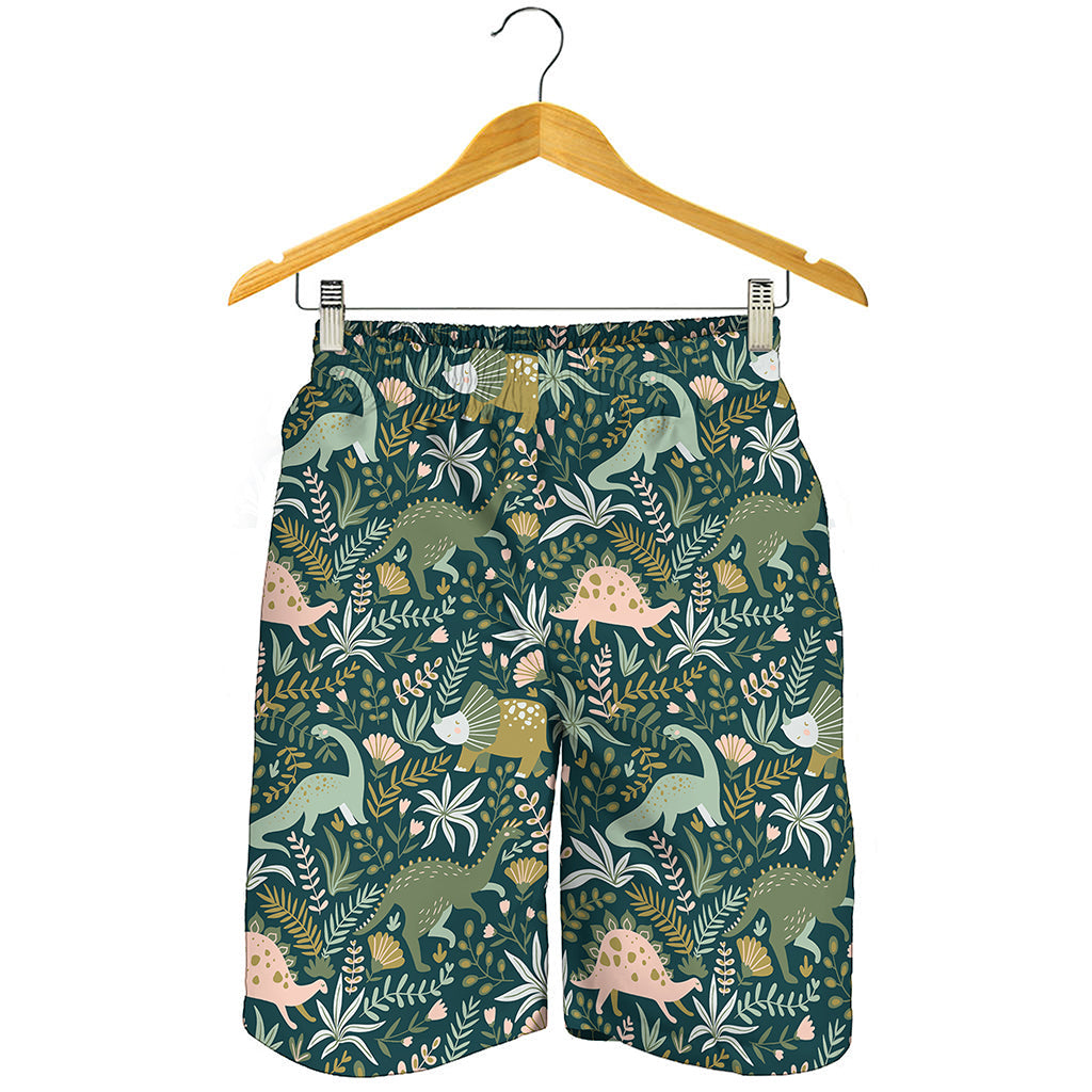 Cute Dino Tropical Leaves Pattern Print Men's Shorts