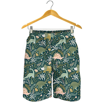 Cute Dino Tropical Leaves Pattern Print Men's Shorts