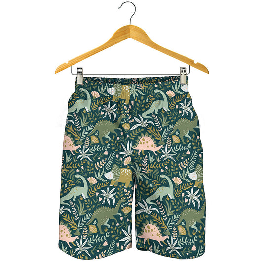 Cute Dino Tropical Leaves Pattern Print Men's Shorts