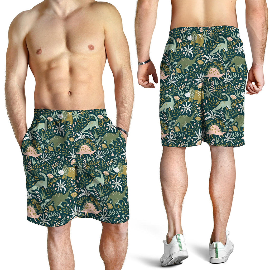 Cute Dino Tropical Leaves Pattern Print Men's Shorts