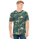 Cute Dino Tropical Leaves Pattern Print Men's T-Shirt