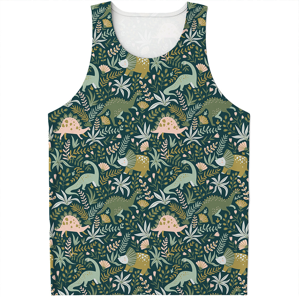 Cute Dino Tropical Leaves Pattern Print Men's Tank Top