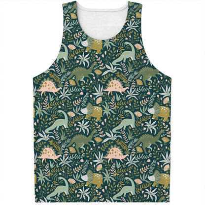 Cute Dino Tropical Leaves Pattern Print Men's Tank Top