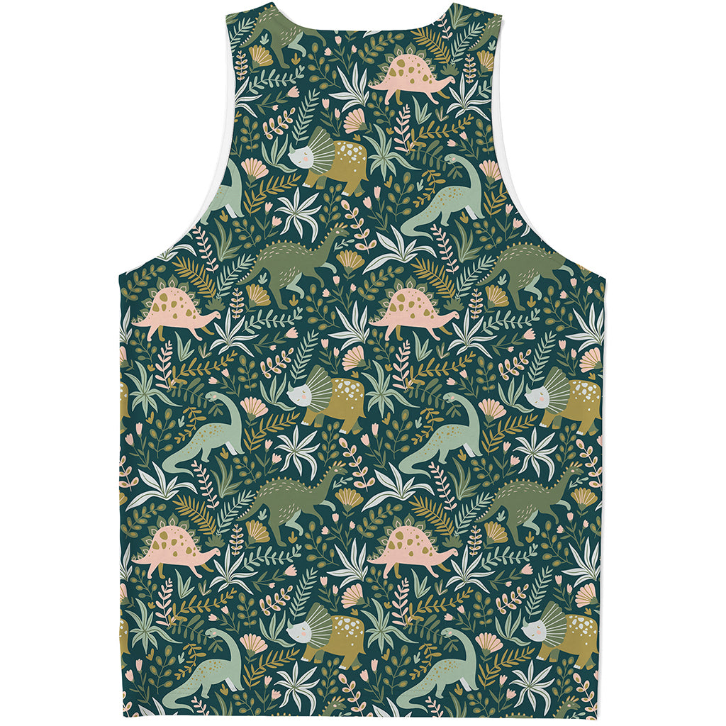 Cute Dino Tropical Leaves Pattern Print Men's Tank Top