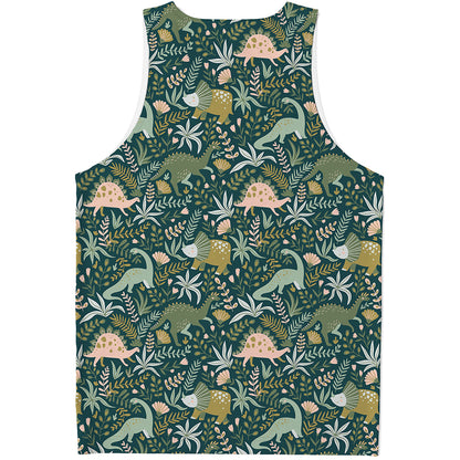 Cute Dino Tropical Leaves Pattern Print Men's Tank Top