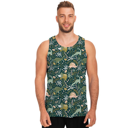 Cute Dino Tropical Leaves Pattern Print Men's Tank Top