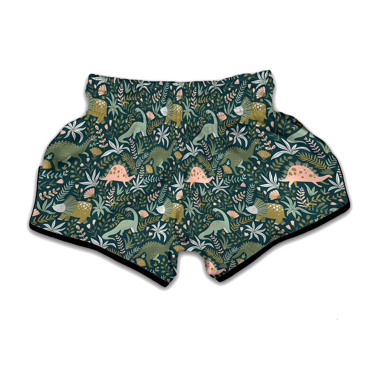 Cute Dino Tropical Leaves Pattern Print Muay Thai Boxing Shorts