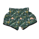 Cute Dino Tropical Leaves Pattern Print Muay Thai Boxing Shorts