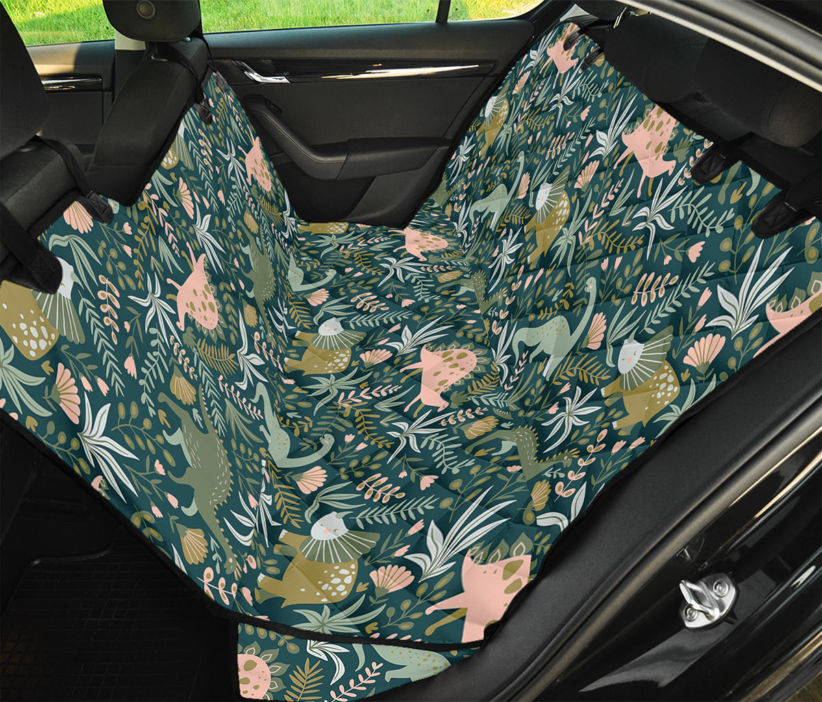 Cute Dino Tropical Leaves Pattern Print Pet Car Back Seat Cover
