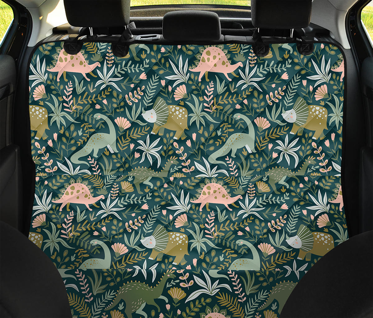 Cute Dino Tropical Leaves Pattern Print Pet Car Back Seat Cover