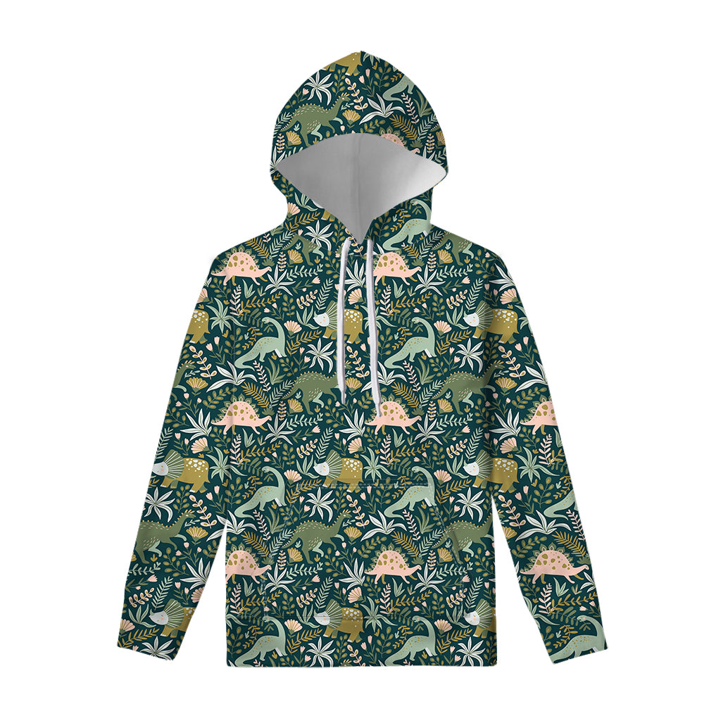 Cute Dino Tropical Leaves Pattern Print Pullover Hoodie