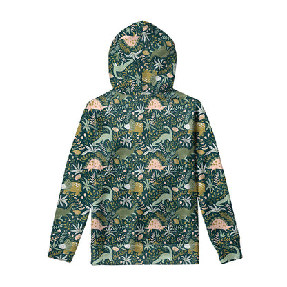 Cute Dino Tropical Leaves Pattern Print Pullover Hoodie
