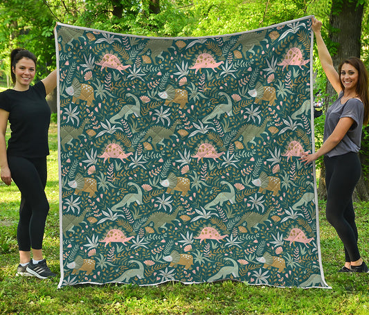 Cute Dino Tropical Leaves Pattern Print Quilt