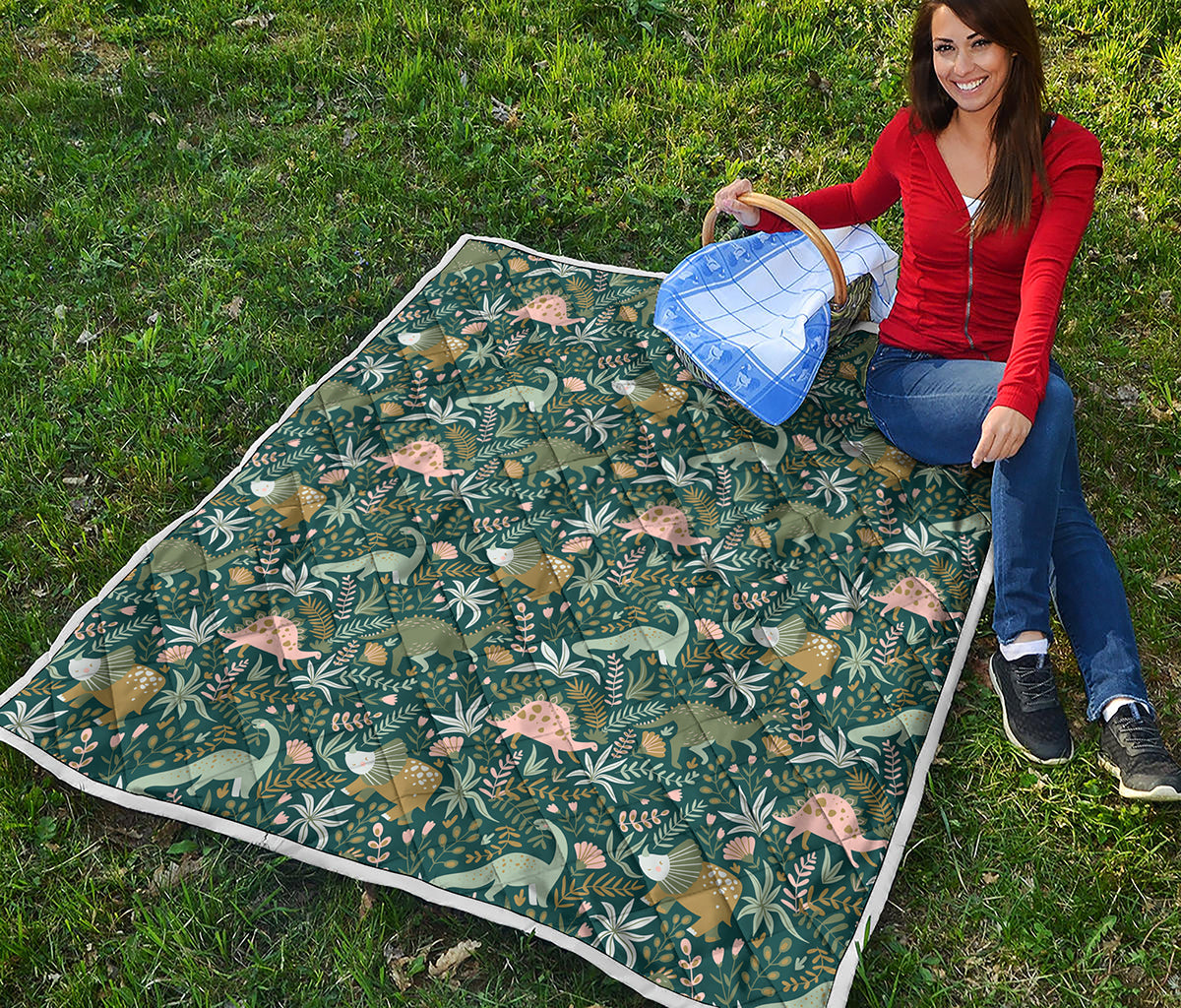 Cute Dino Tropical Leaves Pattern Print Quilt