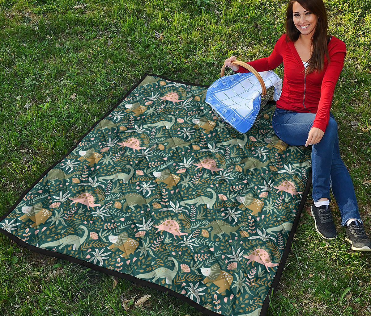 Cute Dino Tropical Leaves Pattern Print Quilt