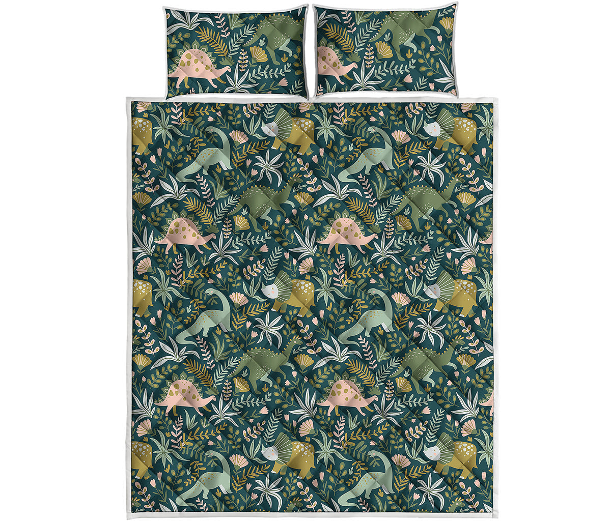 Cute Dino Tropical Leaves Pattern Print Quilt Bed Set