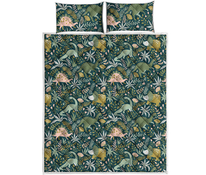 Cute Dino Tropical Leaves Pattern Print Quilt Bed Set