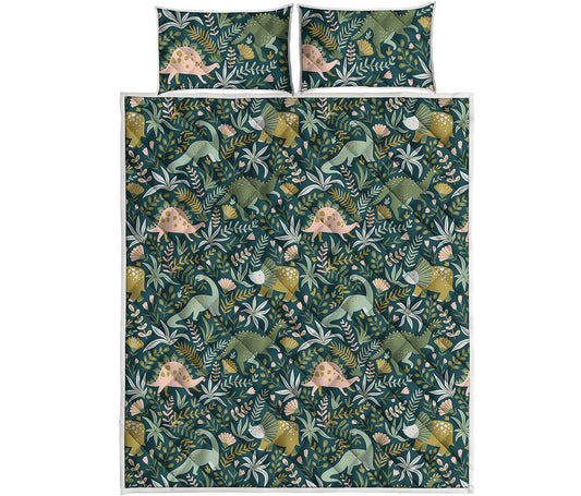 Cute Dino Tropical Leaves Pattern Print Quilt Bed Set
