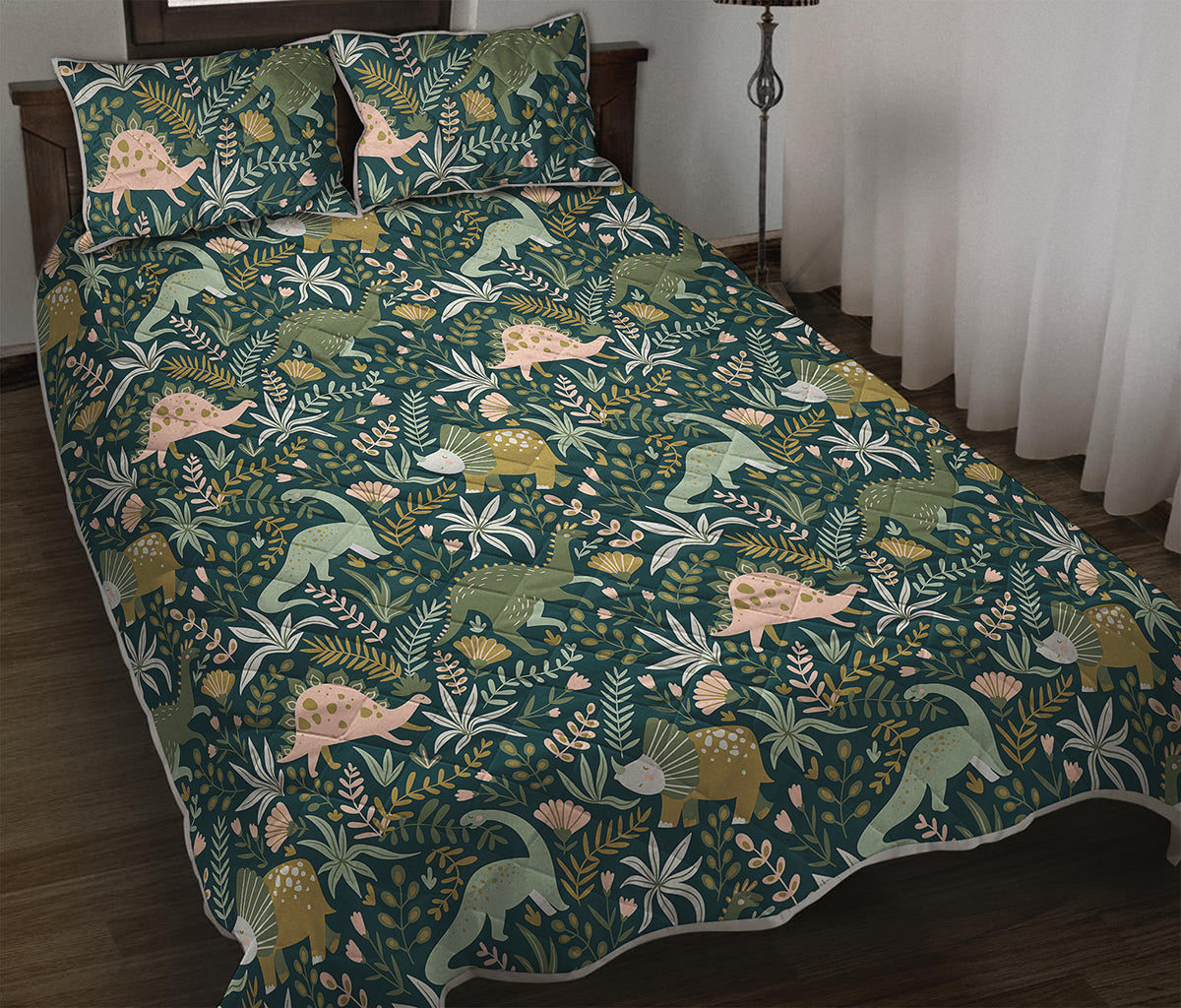 Cute Dino Tropical Leaves Pattern Print Quilt Bed Set