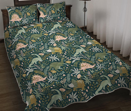 Cute Dino Tropical Leaves Pattern Print Quilt Bed Set