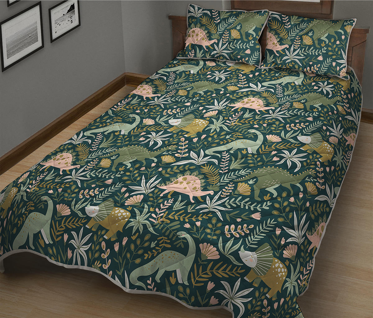 Cute Dino Tropical Leaves Pattern Print Quilt Bed Set