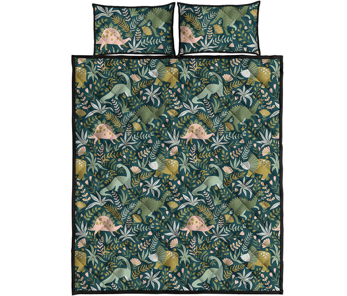 Cute Dino Tropical Leaves Pattern Print Quilt Bed Set