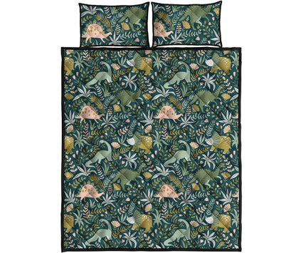 Cute Dino Tropical Leaves Pattern Print Quilt Bed Set