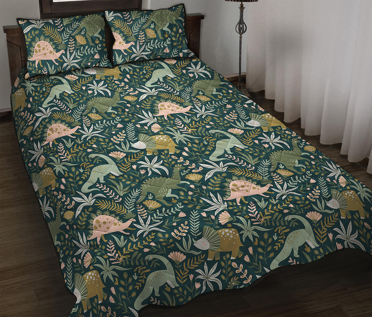 Cute Dino Tropical Leaves Pattern Print Quilt Bed Set