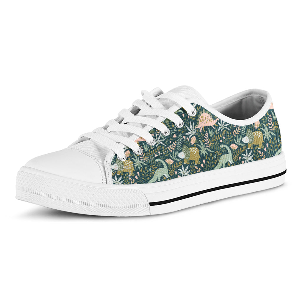 Cute Dino Tropical Leaves Pattern Print White Low Top Shoes