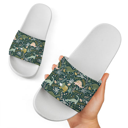 Cute Dino Tropical Leaves Pattern Print White Slide Sandals