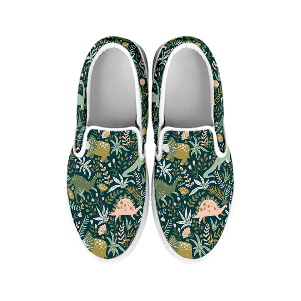 Cute Dino Tropical Leaves Pattern Print White Slip On Shoes