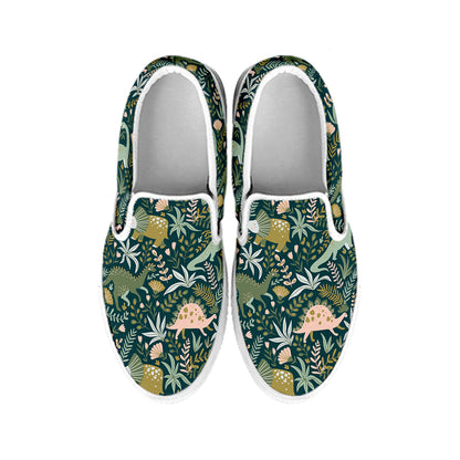 Cute Dino Tropical Leaves Pattern Print White Slip On Shoes