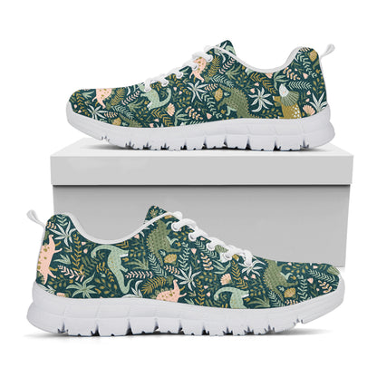 Cute Dino Tropical Leaves Pattern Print White Sneakers